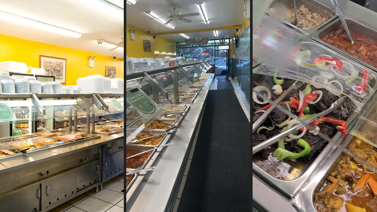 Hearty meal trays ready for self-serve service.