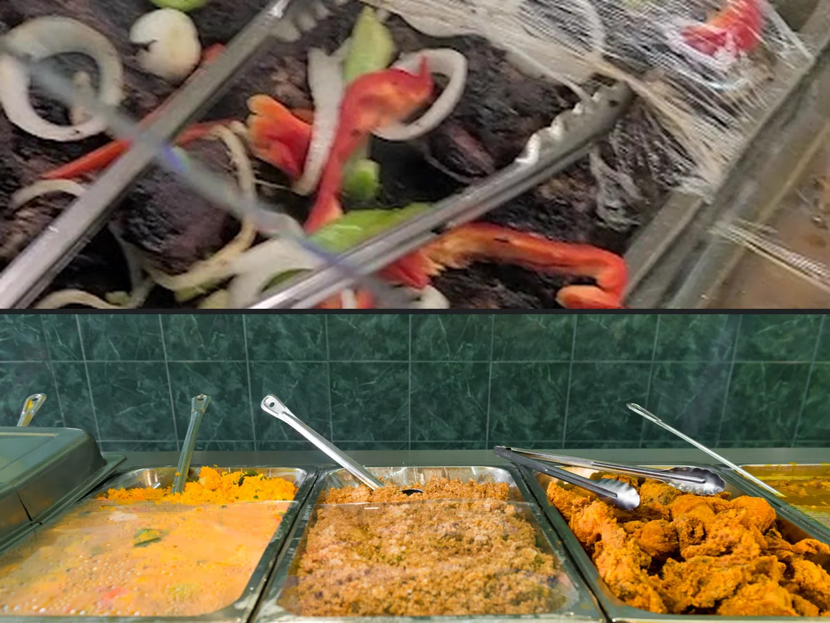 Caribbean restaurant counter with buffet-style dishes.