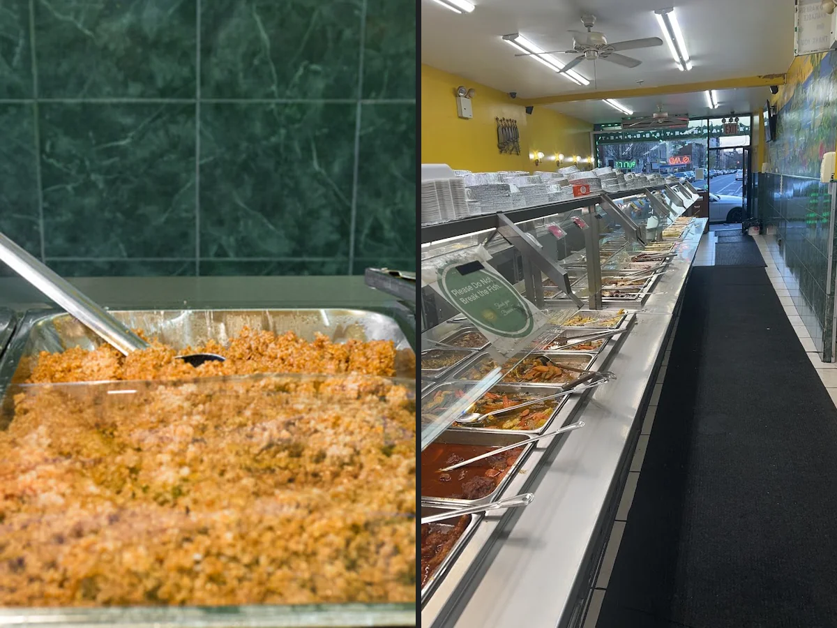 Hearty meal trays ready for self-serve service.