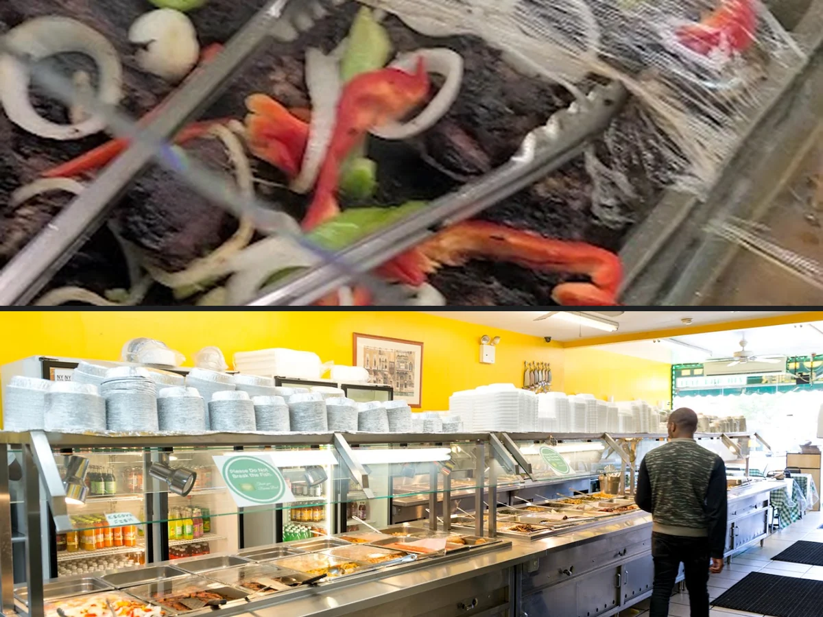 Caribbean restaurant counter with buffet-style dishes.